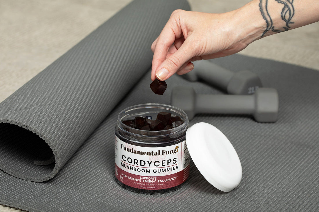 Taking a Cordyceps mushroom gummy before an at-home workout