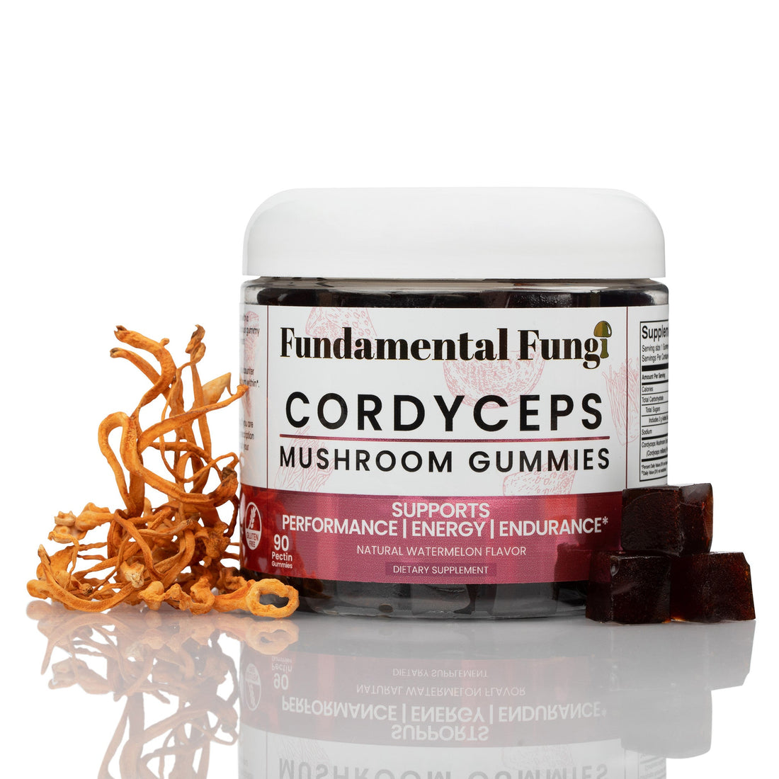 Cordyceps militaris fruiting bodies next to cordyceps mushroom gummies