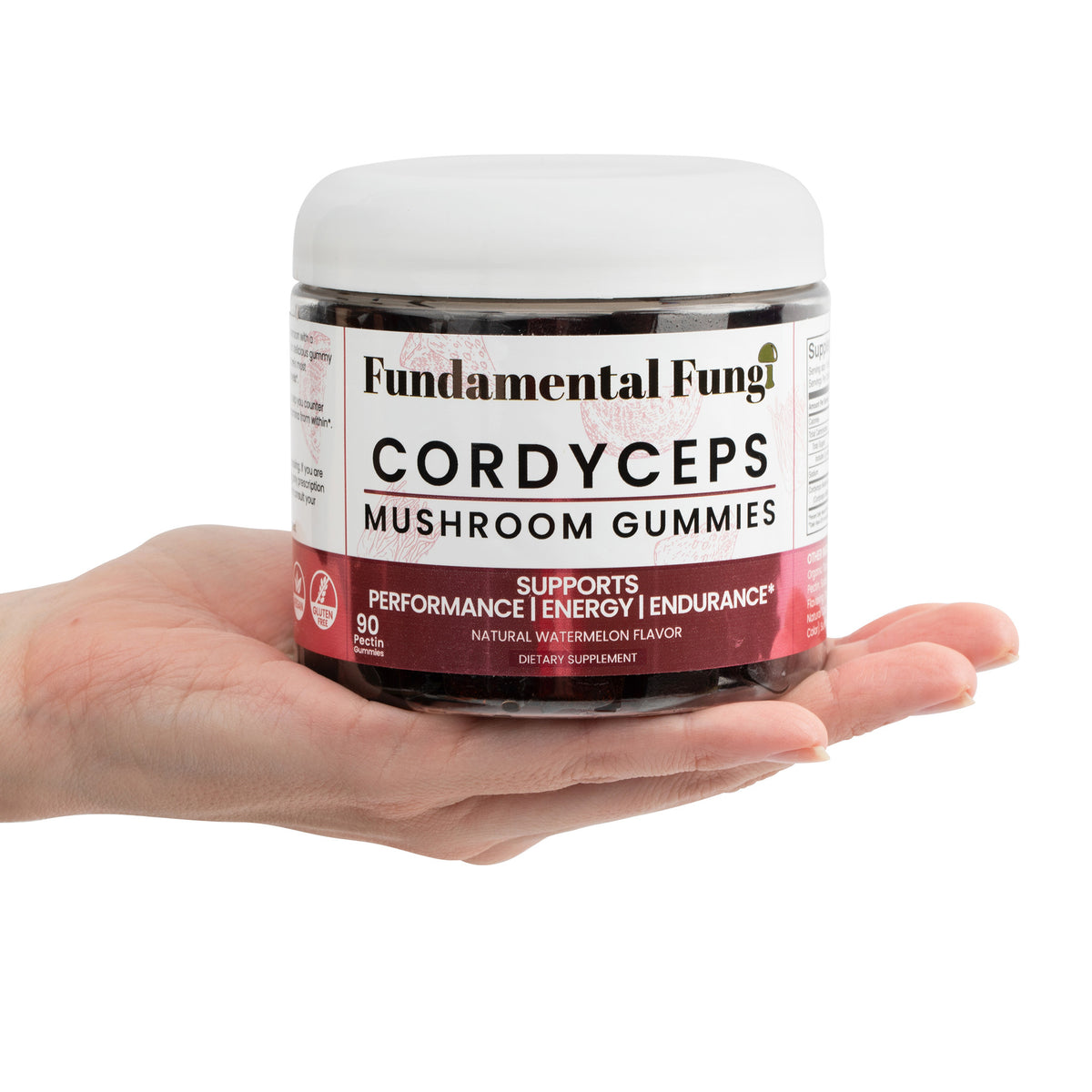 Hand holding a bottle of Fundamental Fungi Cordyceps Mushroom Gummies