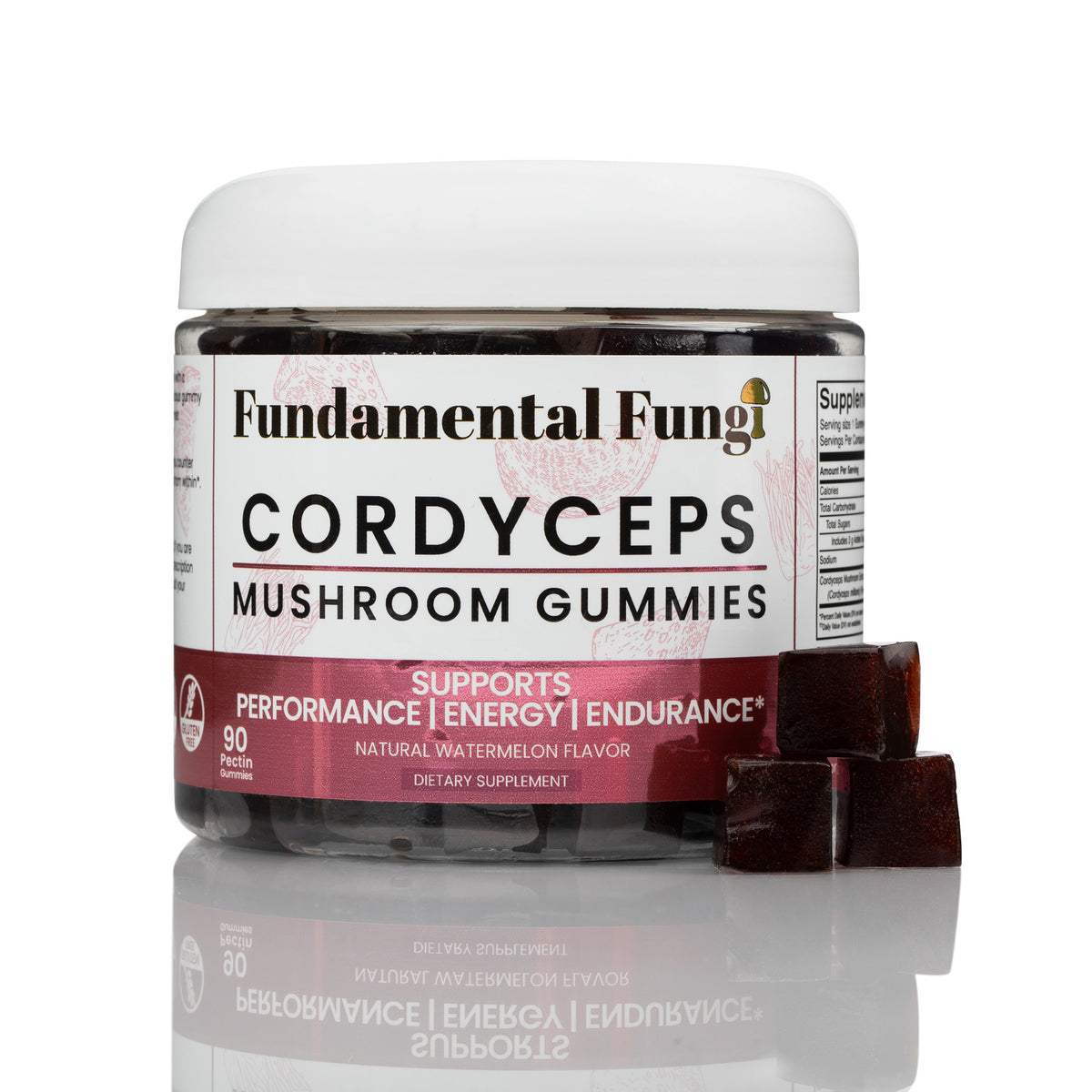 Cordyceps mushroom gummies bottle with gummies beside it