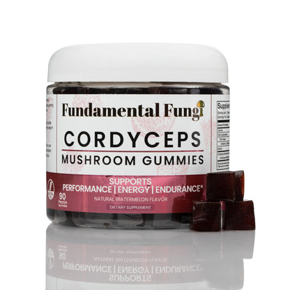 Cordyceps mushroom gummies bottle with gummies beside it