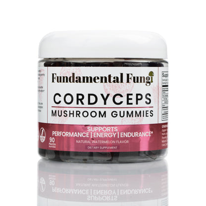 Cordyceps mushroom gummies 90-count bottle, part of the Focus + Energy bundle