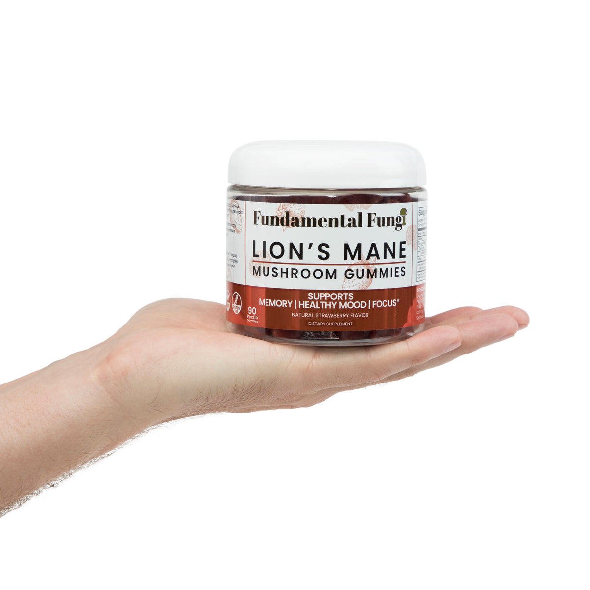 Hand holding a bottle of Fundamental Fungi Lion's Mane Mushroom Gummies
