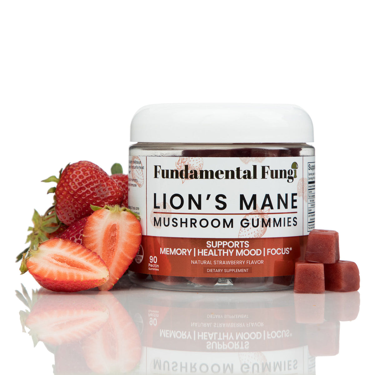 Fundamental Fungi Lion's Mane Mushroom Gummies bottle with fresh strawberries and gummies, 90 count