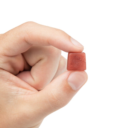 A single strawberry Lion's Mane mushroom gummy held between two fingers